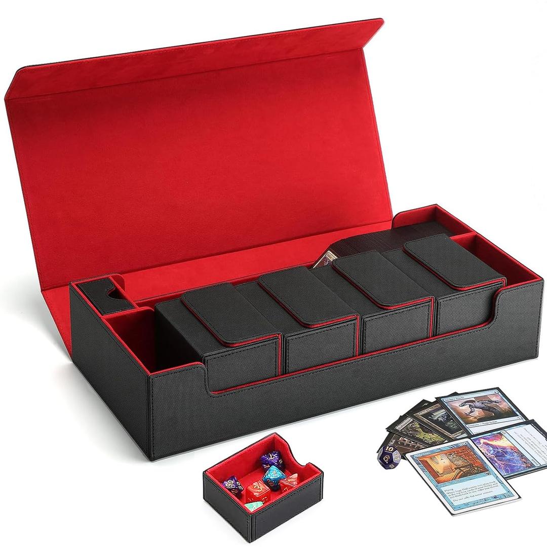 MTG Card Storage Box TCG Deck Case Holds Fits 5 Decks Card Box Or 800+ Sleeved Cards for MTG, YuGiOh, Uno, TCG, Trading Cards Sport Cards with Mat Case and Strong Magnet Closure (Black & Red)