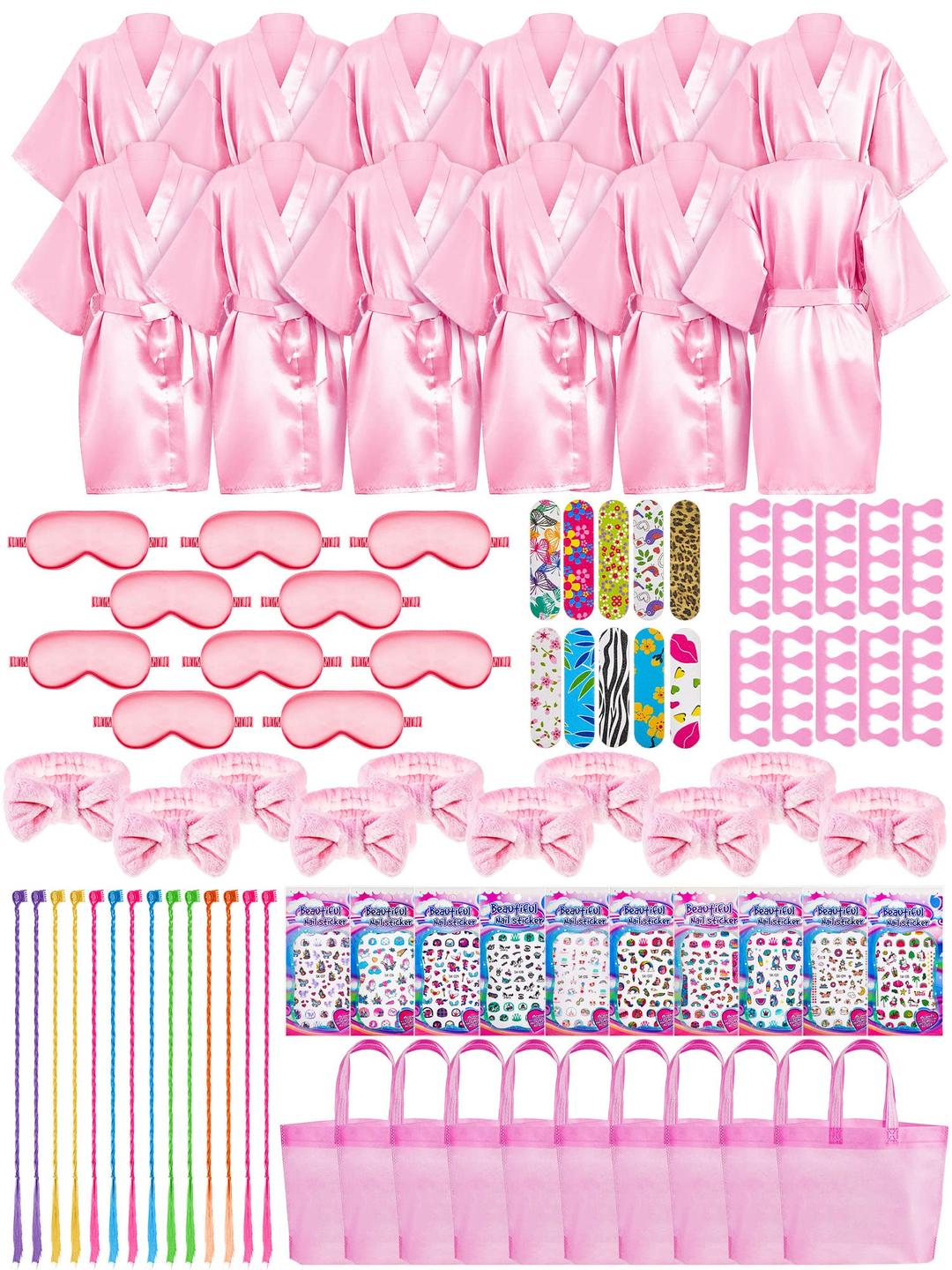 Xuhal92 Pcs Spa Party Favors for Girls Slumber Party Supplies Kids Satin Robes Sleepover Party Supplies with Gift Bags for Girl Kids Birthday Party Supplies Gifts Total 10 Sets (Pink, 10)