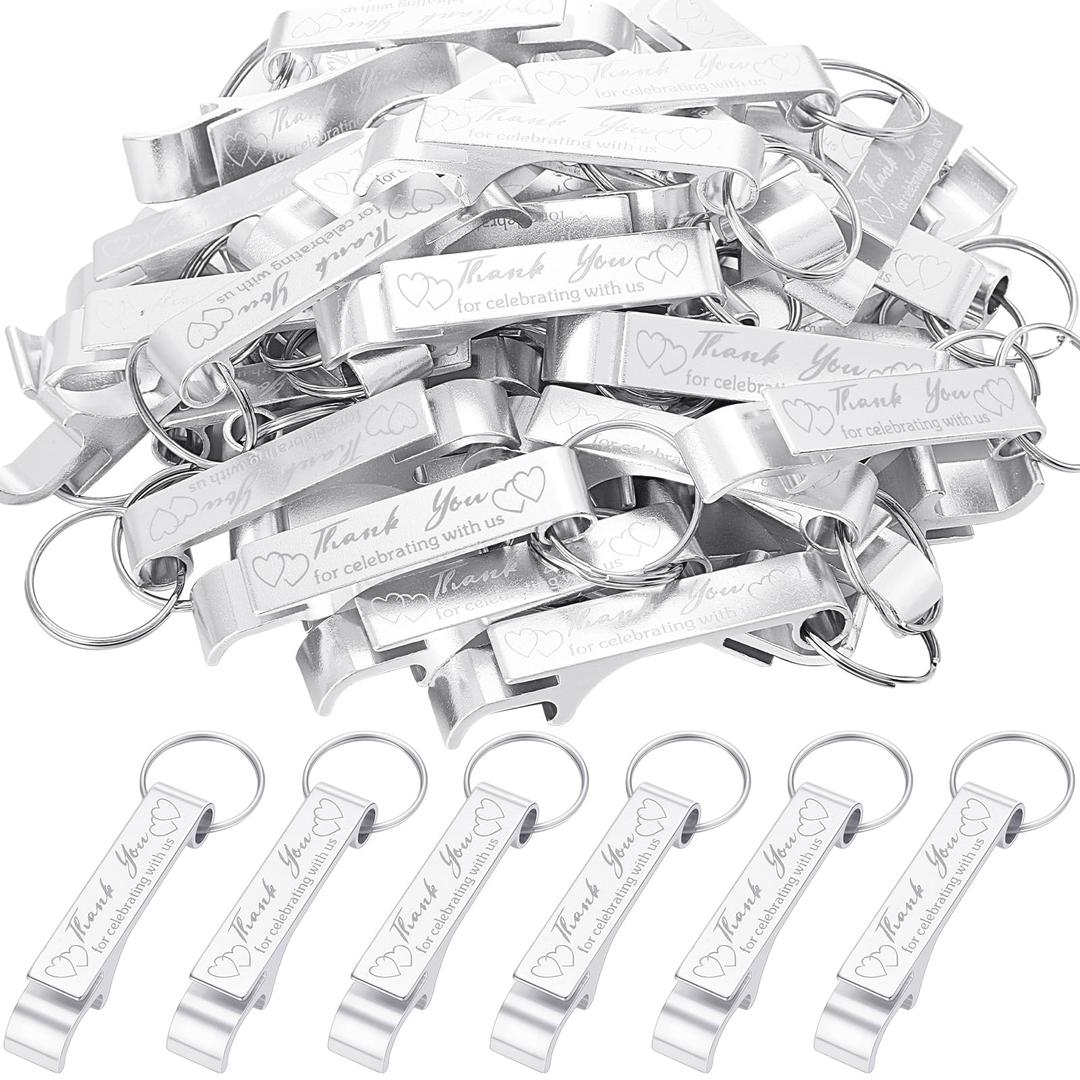 100 Pcs Bottle Opener Keychain Bulk Thank You Wedding Favors for Guests Aluminum Wine Beer Opener Engraved Wedding Guest Gifts for Birthday Baby Shower Souvenirs (Silver)