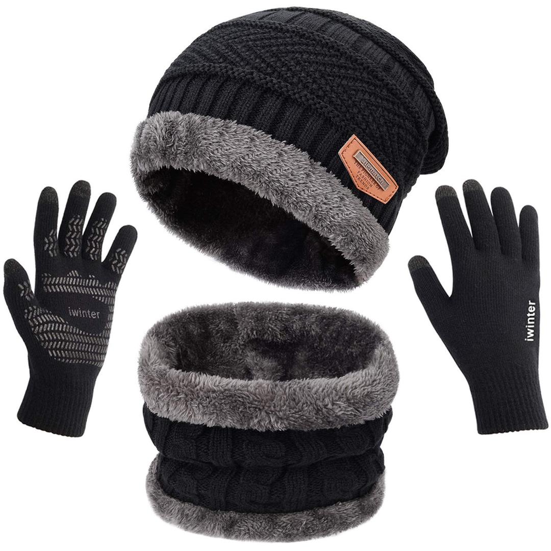 MAYLISACC Winter Knit Beanie Hat Neck Warmer Scarf and Touch Screen Gloves Set 3 Pcs Fleece Lined Skull Cap for Men Women