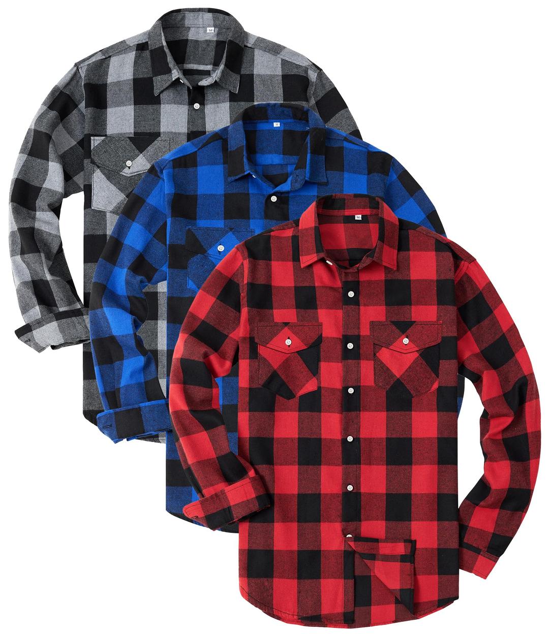 Kinglaman1/3 Pack Mens Flannel Shirt Long Sleeve Plaid Shirts Casual Button Down Buffalo Plaid Checkered Cotton Jacket