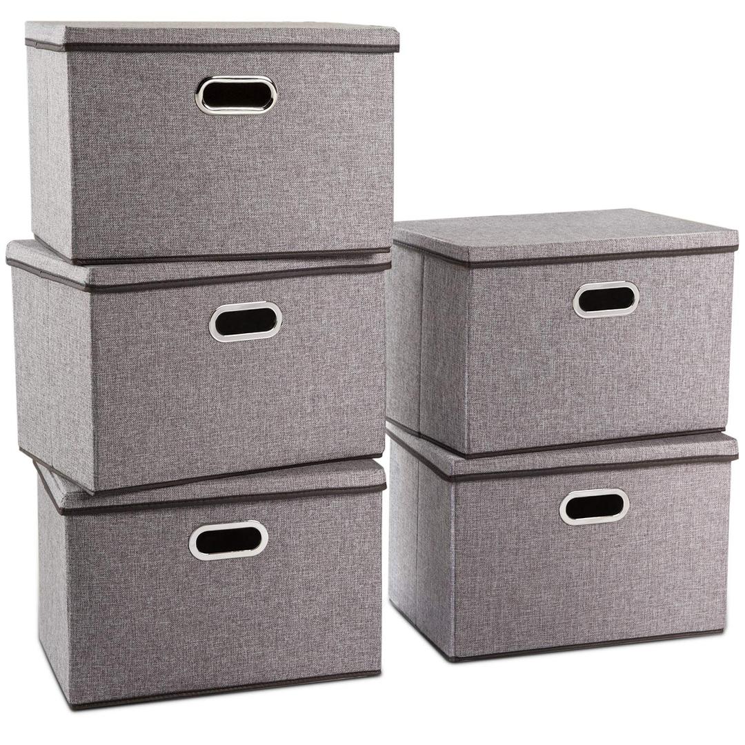 PRANDOM Large Collapsible Storage Containers with Lids [5-Pack] Linen Fabric Foldable Storage Bins Boxes Organizer Baskets Cube with Cover for Home Bedroom Closet Office Nursery (17.7x11.8x11.8)