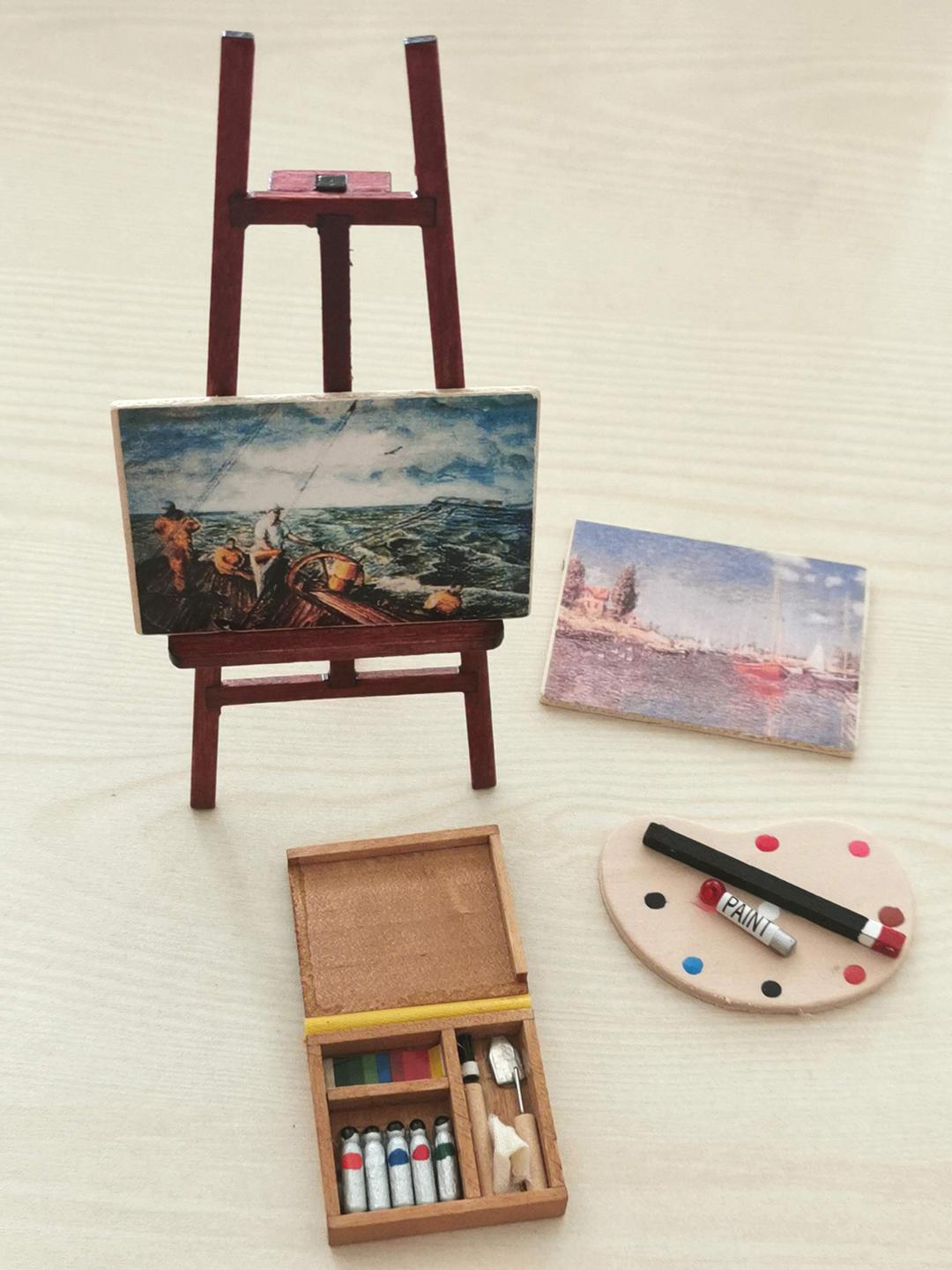 SXFSE Dollhouse Decoration Accessories, 1/12 Dollhouse Miniature Wooden Easel Oil Painting Set Palette Watercolor Box Simulation Toys for Doll