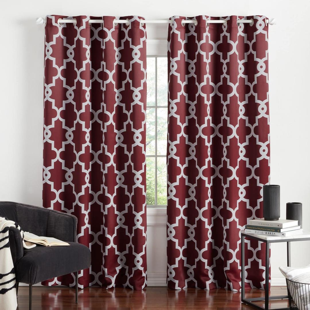 TOWN & COUNTRY EVERYDAY Ironwork Geo Trellis Sateen Indoor Curtains, Room Darkening Blackout, Grommet Top, Energy Efficient, 2-Pack Set, 52"x84", Burgundy