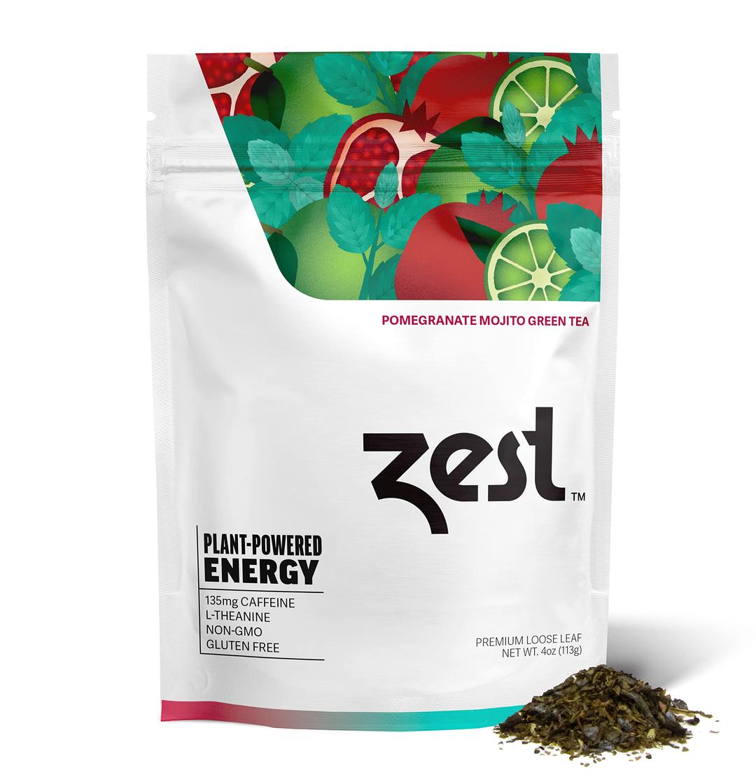 Zest135mg High Caffeine Energy Loose Leaf Blend - Pomegranate Mojito Green Tea - 4 Oz - All Natural Strong Flavored Healthy Coffee Alternative Highly Caffeinated Substitute - Perfect for Keto