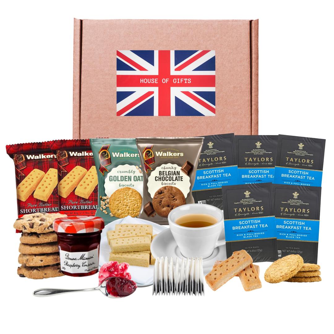 British Tea & Biscuits Gift Hamper With Walkers Shortbread, Scotland Tea & Biscuits Including Bonne Maman Jam | Full of Snacks made in Scotland | From the United Kingdom | British Gift