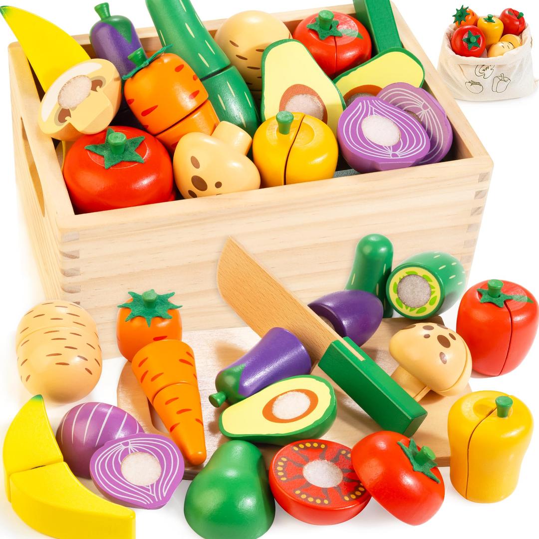 Wooden Play Food Set for Kids Kitchen | Velcro Chopping Veggies & Fruits Toy Food Set with Storage Case & Bag, Play Kitchen Accessories, Pretend Play Food for Toddlers 3+