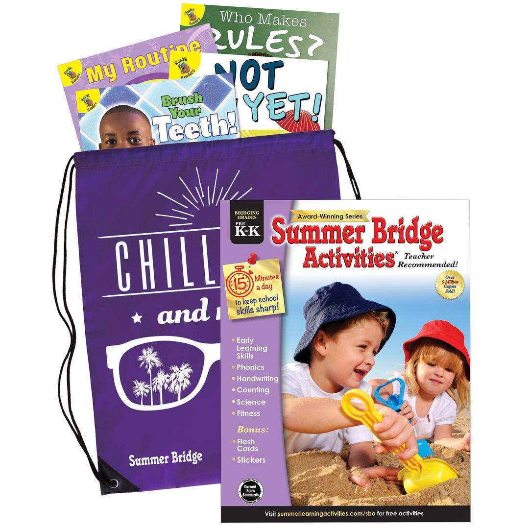 Summer Bridge Activities PreK-K Bundle, Ages 4-5, Summer Learning Kindergarten Workbook, Alphabet Flash Cards, Nonfiction and Fiction Children's Books, Drawstring Bag