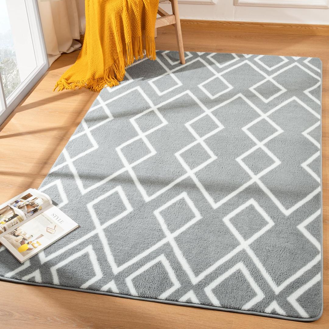 Shag Rug for Bedroom, 4x6 Feet Grey Area Rugs with Memory Foam for Living Room Dorm, Fluffy Shaggy Machine Washable Moroccan Geometric Carpet for Girls Kids Nursery Play Room Indoor