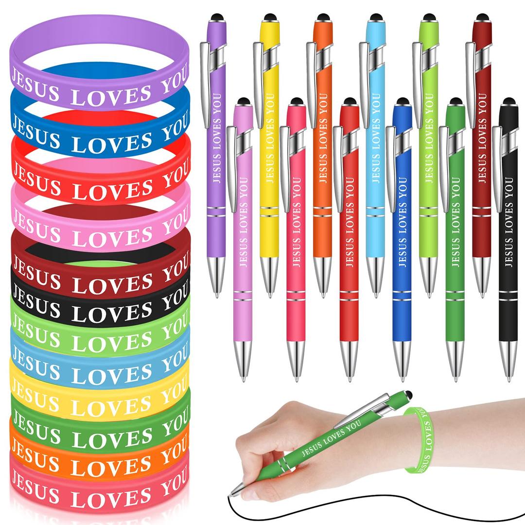 Glenmal 24 Pcs Bracelets Christian Pens Set Christian Gifts Black Ink Ballpoint Pens Silicone Wristbands Colored Rubber Bracelets for Kids Nurse Teachers Church Office Supplies (Multicolor,Jesus)