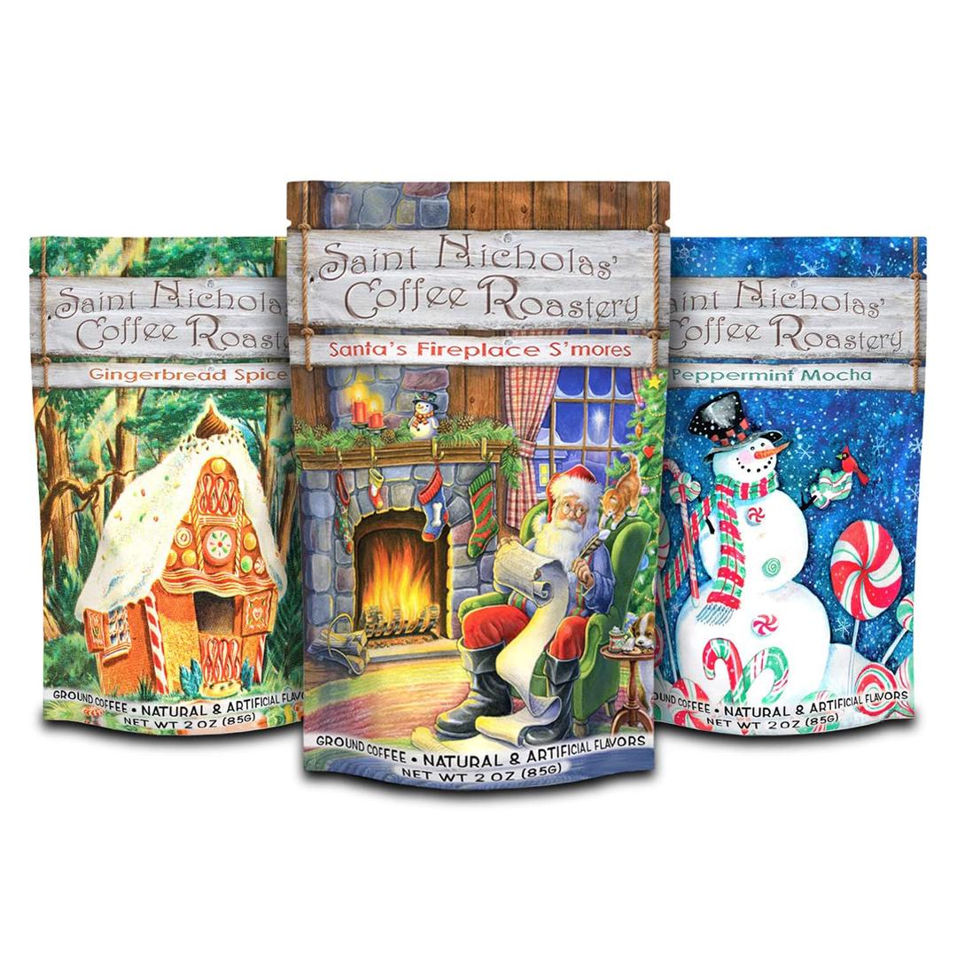 Holiday Ground Coffee Gift Set - 3 Flavors in Decor Bags, Medium Roast - For Mom, Coworkers, Adults