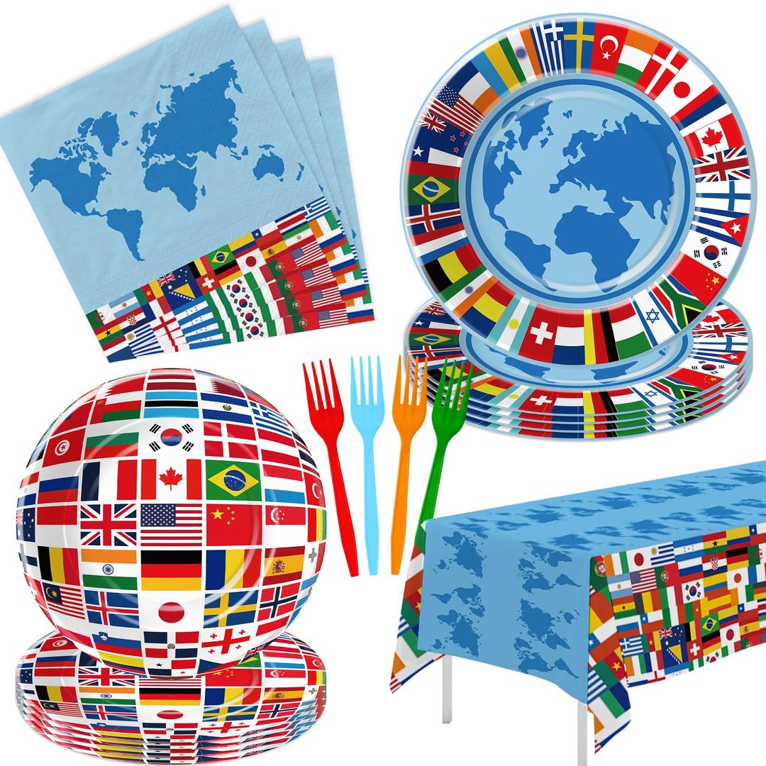 International World Flags Decorations Tableware - Olympic Plates And Napkins Party Supplies, Plate, Napkin, Fork, Tablecloth, Travel Trip Around the World Globe Retirement Supplies | Serve 24