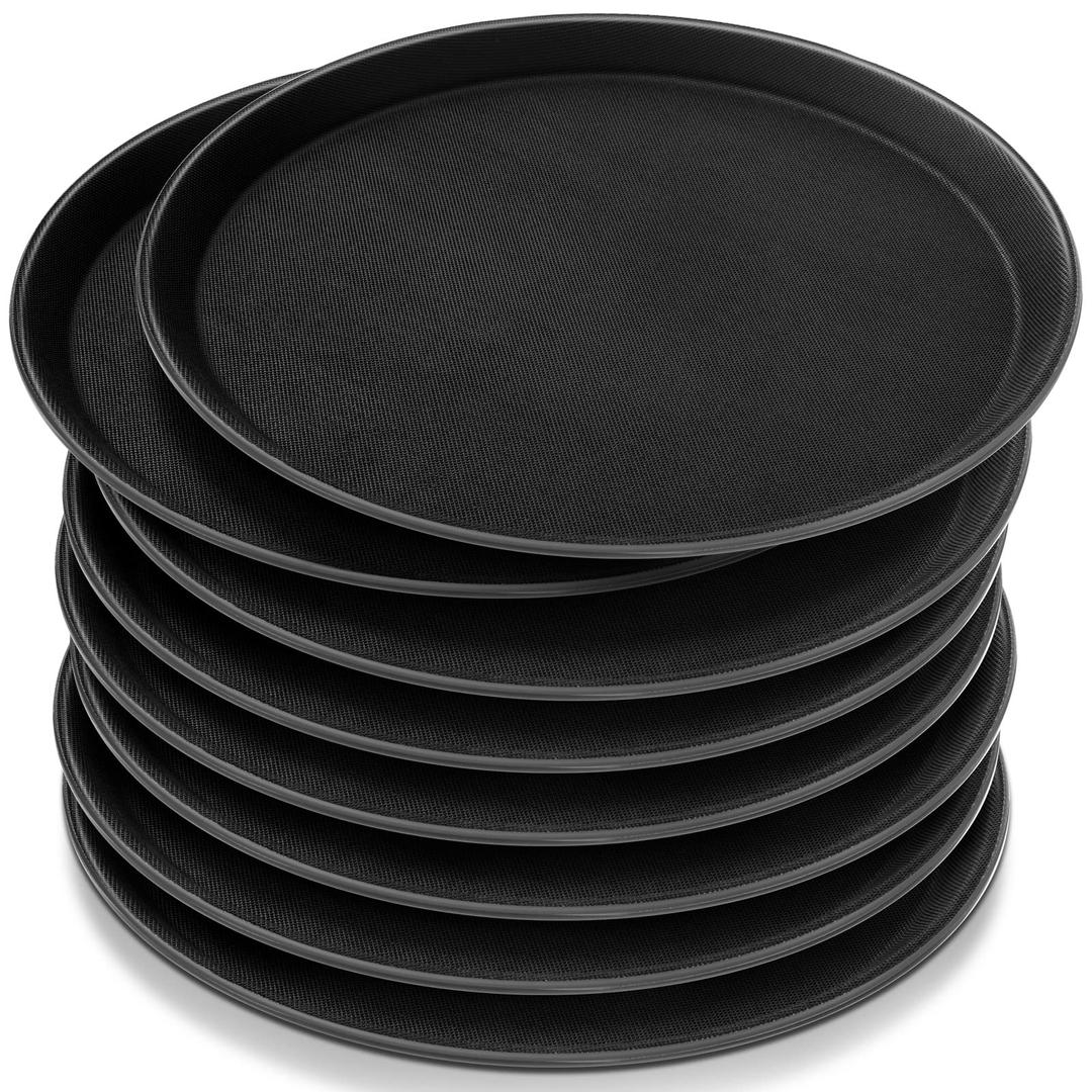 Zopeal 8 Pieces Restaurant Serving Tray, Non Slip Surface Round Tray, Plastic Food Meals Server Tray with Raised Edges for Home, Kitchen, Restaurant, Cafeteria, Bar, Hotel (Black,14 Inch)