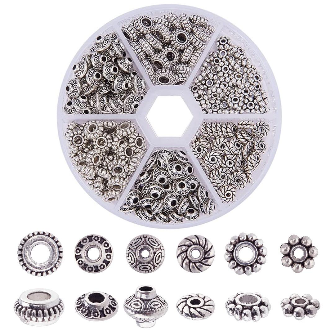 PH PandaHall 300pcs 6 Style Antique Silver Spacer Beads, Tibetan Metal Alloy Tube Spacers Flower Flat Rondelle Small Loose Beads for Bracelet Necklace Earring Jewelry Making Supplies