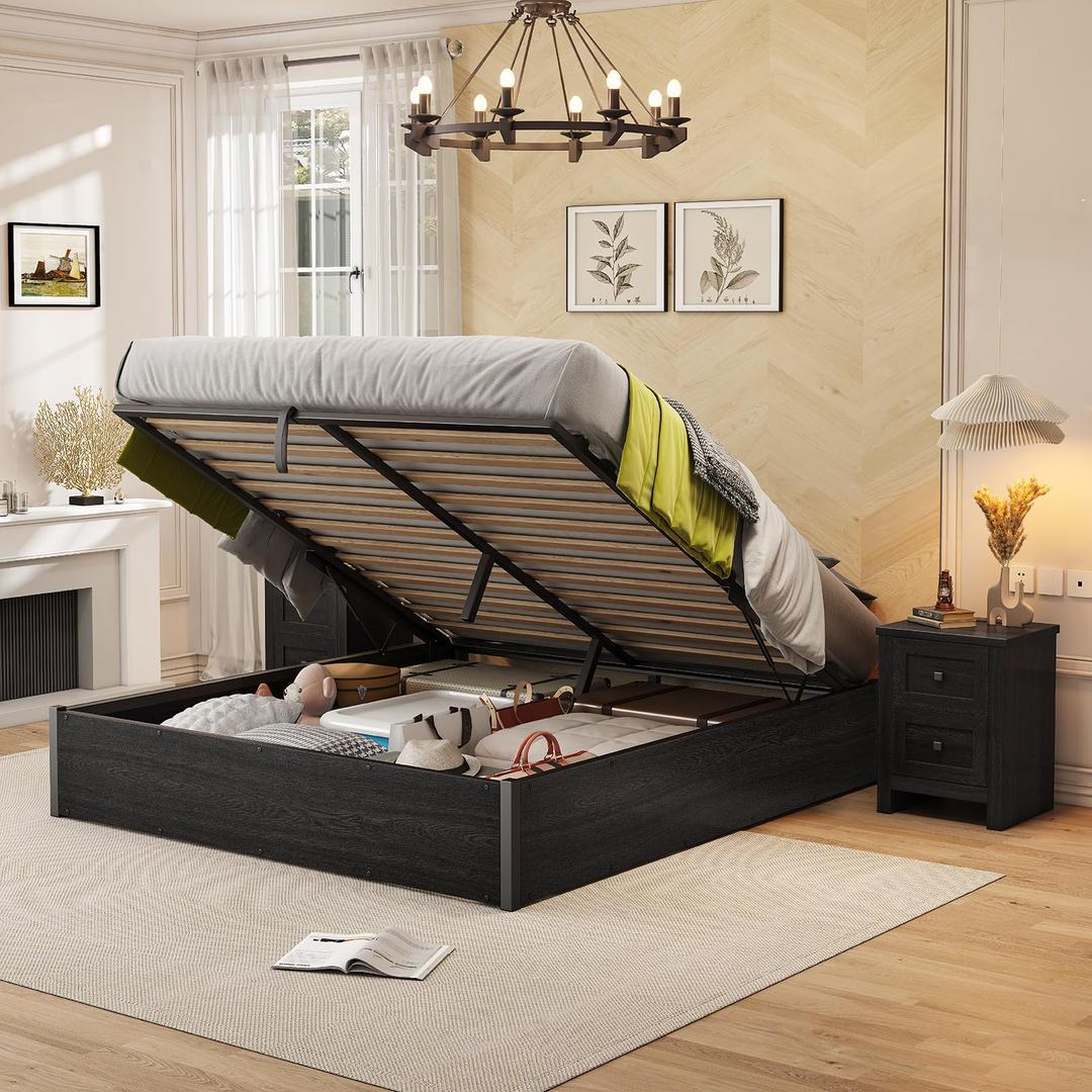 Lift Up Storage Bed, Full Bed Frame with Storage Underneath, Wooden Platform Bed Frame, Solid Wood Slats Support, No Fixed Headboard, No Box Spring Needed, Dark Oak