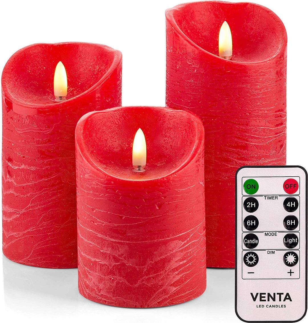 Set of 3 Realistic Flameless Red LED Candles with Remote Control-4 inch 5 inch 6 inch Electric Wickless Pillar Battery Operated Candles with Flickering Flame Timer