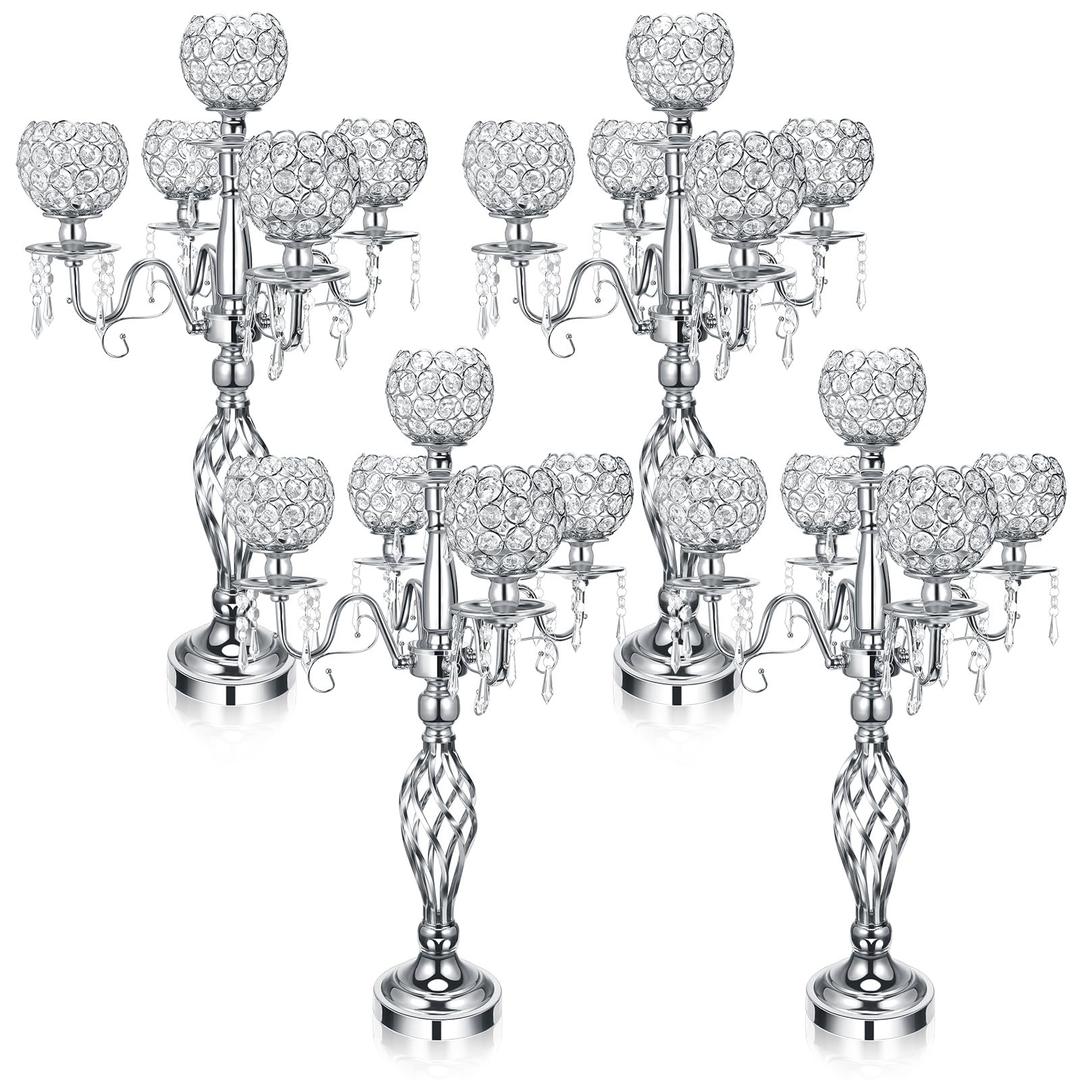 4 Pcs 5 Arm Crystal Candelabra Centerpieces for Tables 27 Inch Tall Crystal Candle Holders Bowl Candelabra Table Centerpieces Decor for Wedding Christmas Dinner Party Events (Silver)