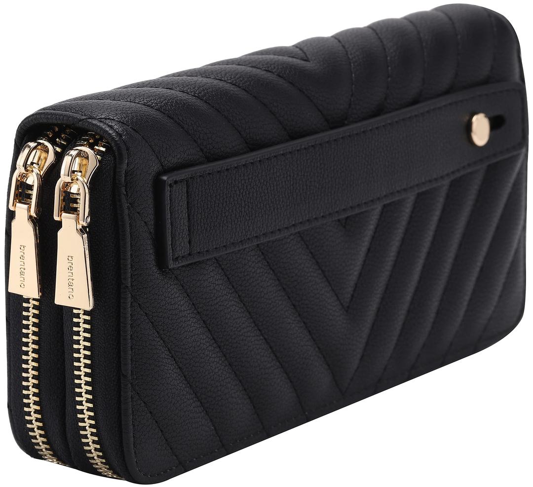 B BRENTANOVegan Leather Double Zipper Pocket Wallet with Grip Hand Strap (Chevron Embroidered Black)