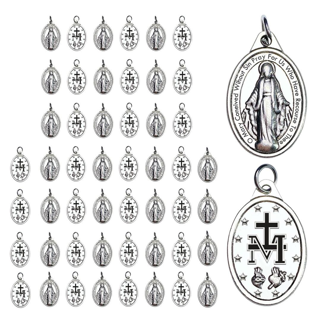 Milagrosa Medal Bulk Pack of 50, 1" Silver Milagrosa Medals Catholic Pendant for Women Necklace & Rosary Necklace,Religious Virgin Mary Cross Charms for Jewelry Making,Medalla De La Virgen Milagrosa