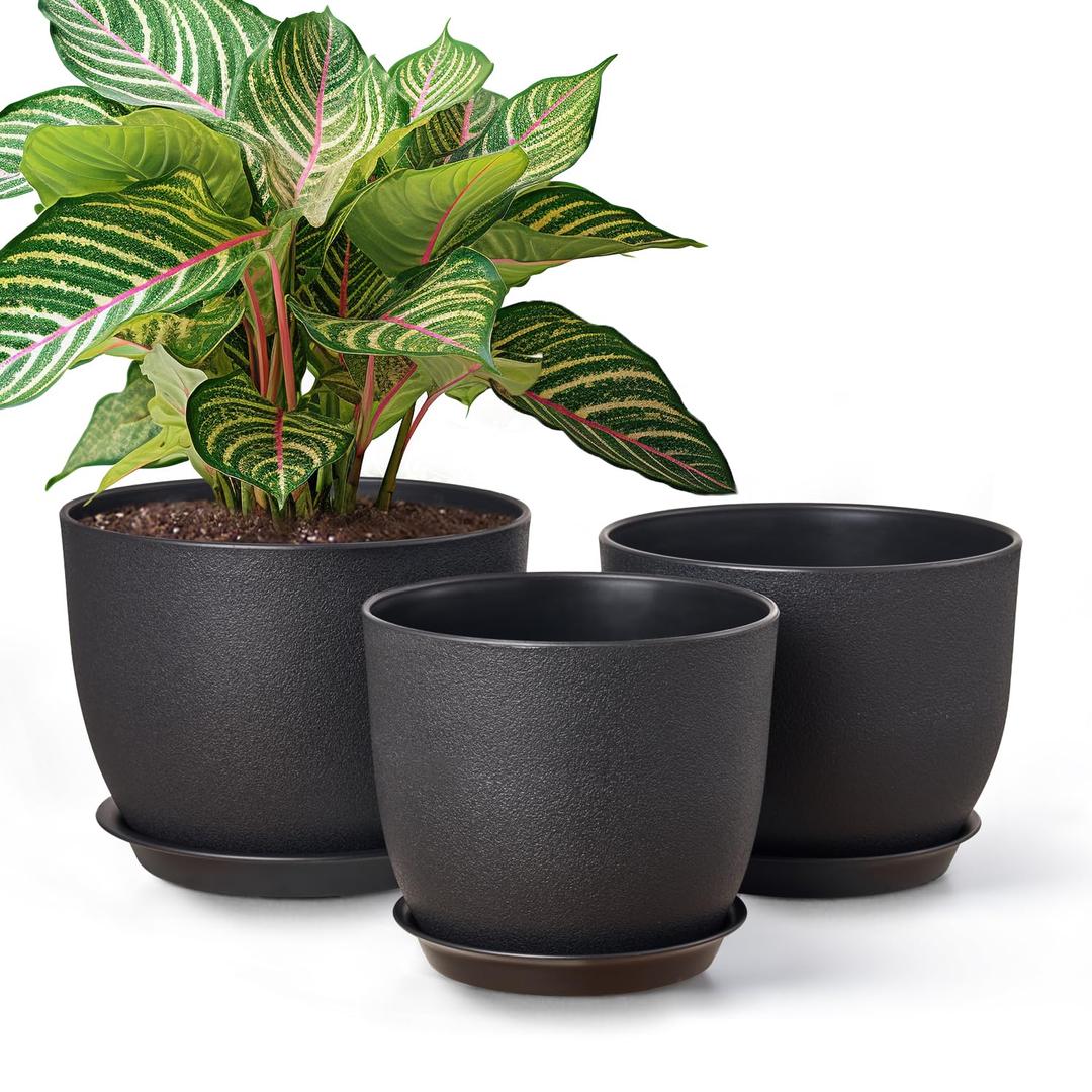 Plant Flower Pots 10/9/8 inch Set of 3, Plastic Planters with Drainage Hole for Indoor Outdoor Garden, Black