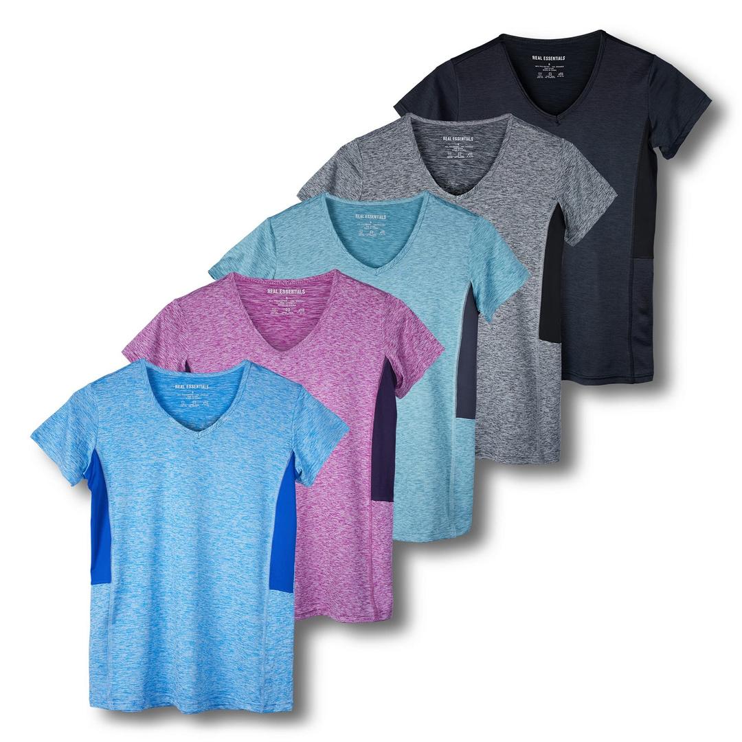 Real Essentials 5 Pack: Women's Short Sleeve V-Neck Activewear T-Shirt Dry-Fit Wicking Yoga Top (Available in Plus)