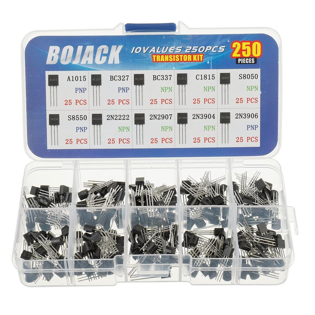 BOJACK 10 Values 250 Pcs A1015 BC327 BC337 C1815 S8050 S8550 2N2222 2N2907 2N3904 2N3906 PNP NPN Power General Purpose Transistors Assortment Kit