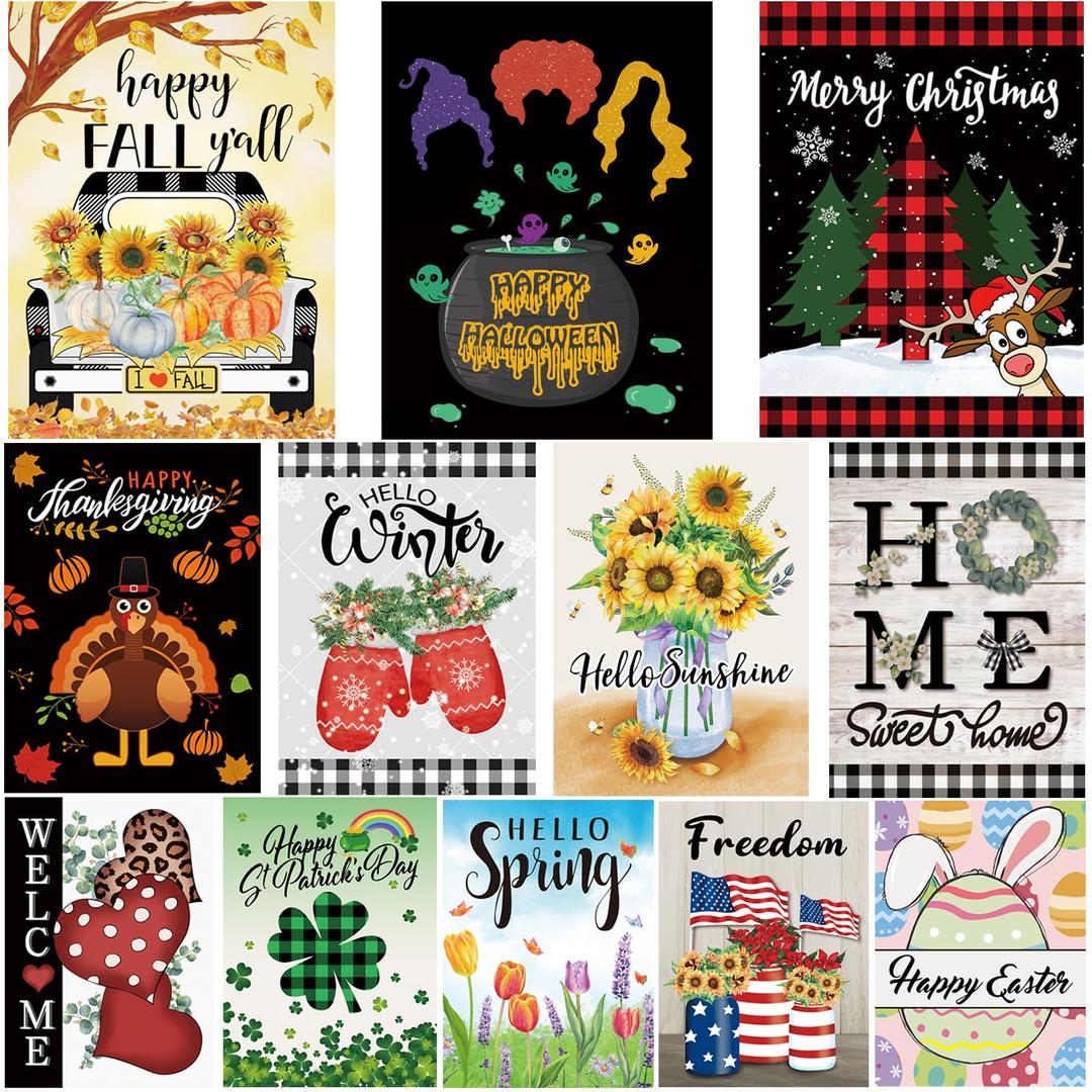 Pating Seasonal Garden Flags Set of 12 Double Sided 12 x 18 Inch Yard Flags, Small Garden Flags for Outside, Fall Winter Halloween Christmas Outdoor Flags, Holiday Garden Flags for All Seasons