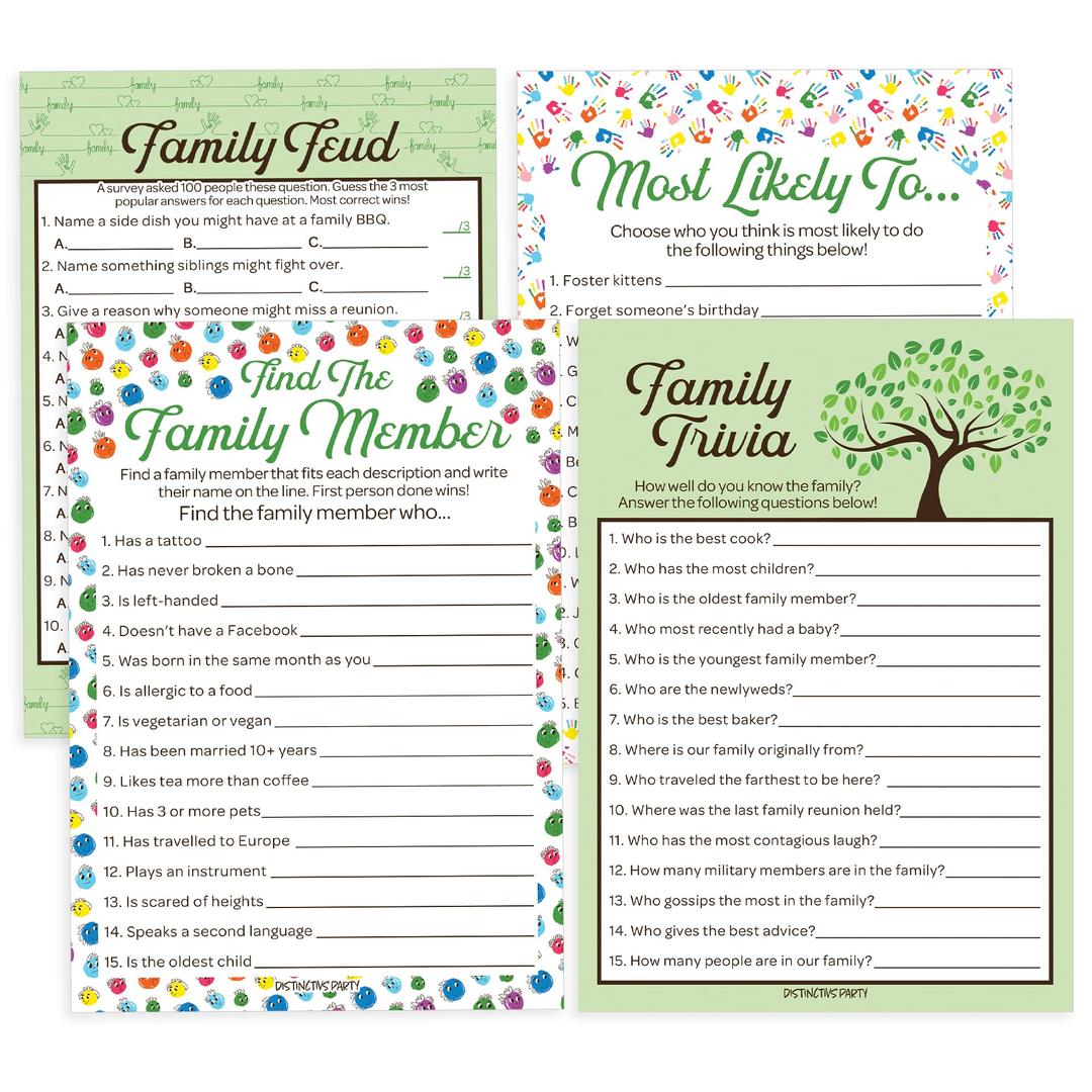 DISTINCTIVSFamily Reunion Game Pack - Family Trivia, Most Likely to, Family Feud & Find The Family Member - 4 Game Bundle for 20 Guests