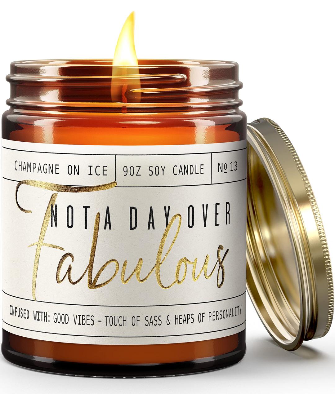 Birthday Gifts for Women Friendship -'Not a Day over Fabulous' Soy Candle, w/Champagne on Ice I 40th 50th 60th 70th Happy Birthday Gifts for Mom, Grandma, Sister, Coworker, Aunt, Wife I Made in USA