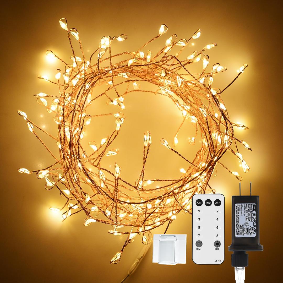 Dailyart Fairy Lights Plug in, 200 Led Fairy Lights with Remote 10Ft Fairy Lights with Timer 8 Modes Warm Fairy Lights for Bedroom Wreath Party Window Wedding Christmas Tree Decoration Gold Wire