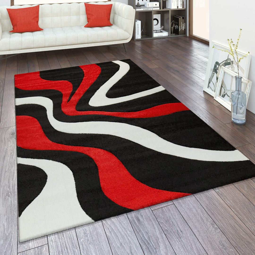 Red Black White Area Rug with Contour Cut and Modern Wave Pattern, Size: 2'8" x 4'11"