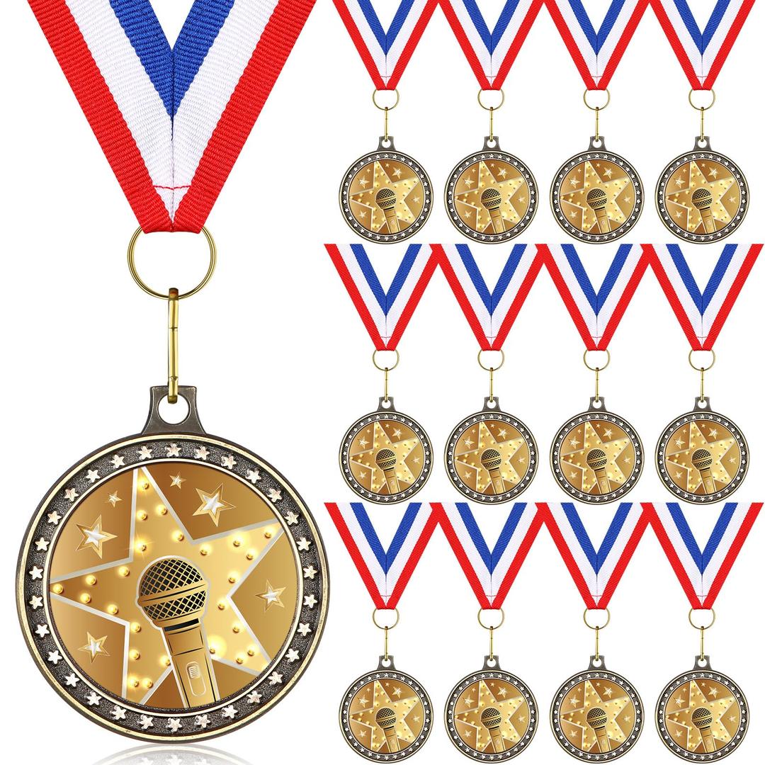 12 Pcs Microphone Medals with Neck Ribbons 1.97 Inches Microphone Music Award Trophy for Singing Karaoke Lip Synching Talent Show