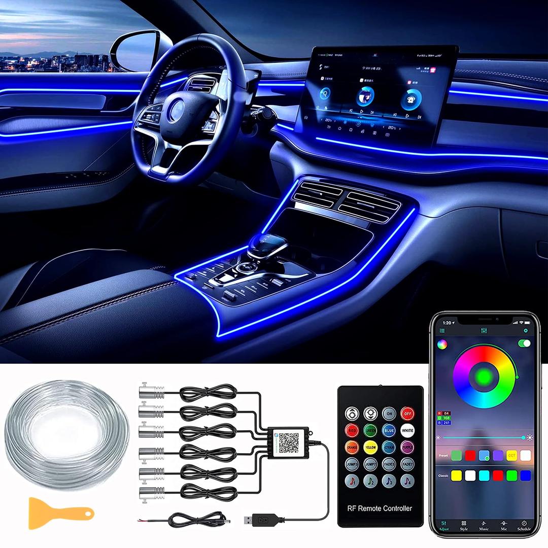 Interior Car LED Strip Lights, RGB 6 in 1 Ambient Lighting Kits with 315 inches Fiber Optic, 16 Million Colors Car Interior Lights with Wireless APP and Remote Control, Sync to Music