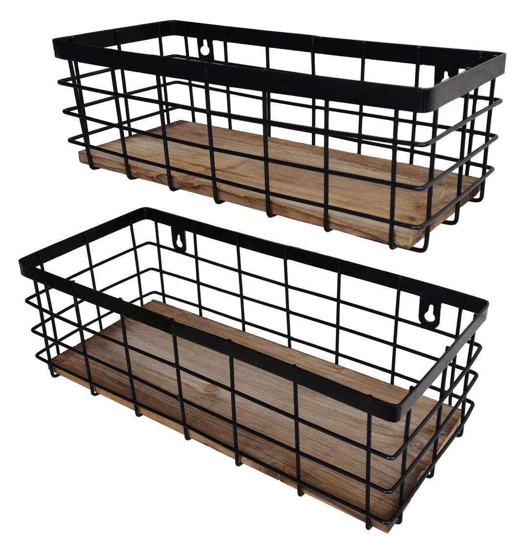 Metal Wire Basket Detachable Wood Base Storage Organizer Farmhouse Small Bins for Kitchen Cabinets, Bathroom, Pantry, Laundry Room, Closets Set of 2,Black Color