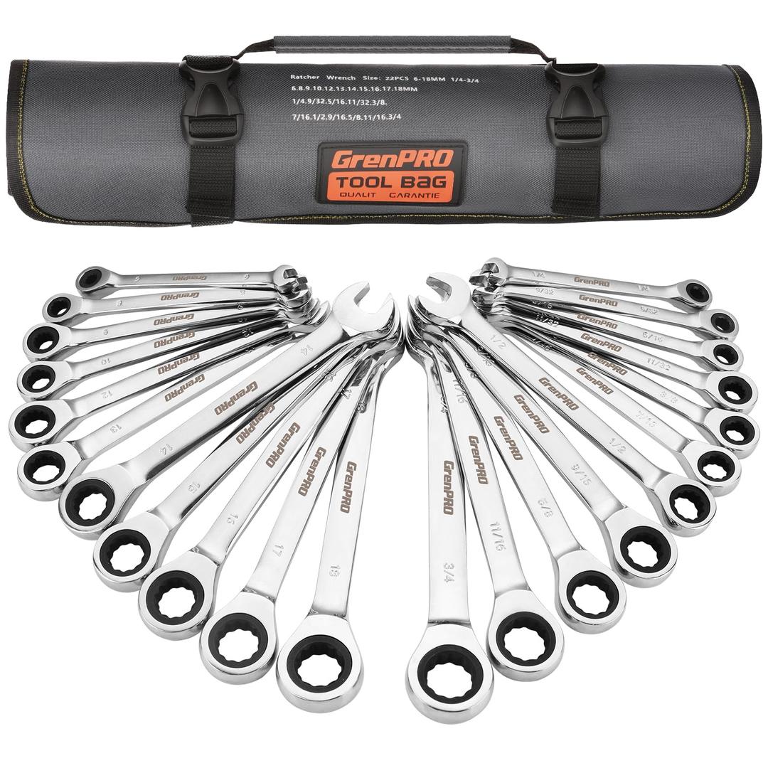 Ratcheting Wrench Set, Combination Wrench Set, 22-Piece SAE & Metric and Standard, 72-Tooth Long Open End, 1/4" to 3/4" & 6-18mm, Organizer With Roll Up Pouch, CR-V Steel, Mechanic Tools Sets