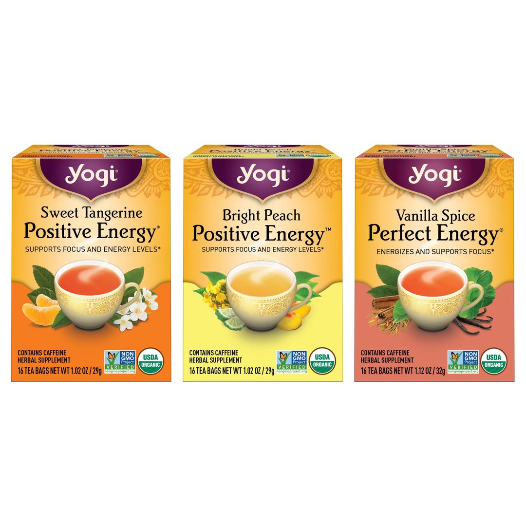 YogiTea Energy Variety 3 Pack-Organic Sampler-Includes Bright Peach Positive Energy, Sweet Tangerine Positive Energy & Vanilla Spice Perfect Energy