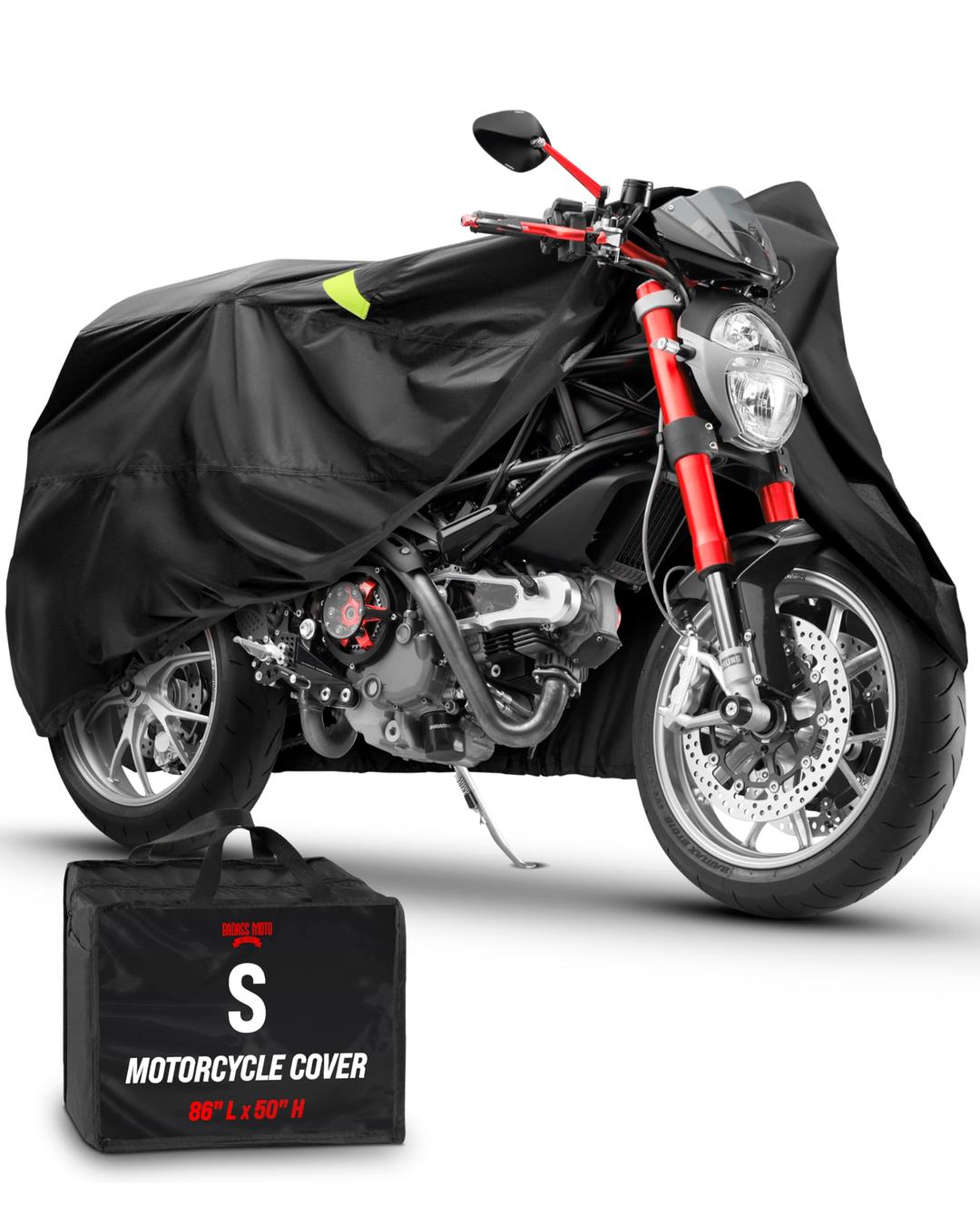 Badass Moto Ultimate Motorcycle Cover Waterproof Outdoor, Heavy Duty Motorcycle Cover for Harleys - Motorcycle Sun Cover, Fits Harley Davidson Motorcycle Covers, Street or Sportbike Cover - Small