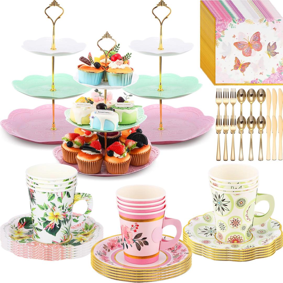 Layhit 83 Pcs Tea Party Decorations Include Disposable 12 Sets 9 Oz Paper Tea Cups with Handle and Saucers Floral Napkins 3 Tire Cake Stand Tea Party Serving Platter Tableware for Girl's Birthday