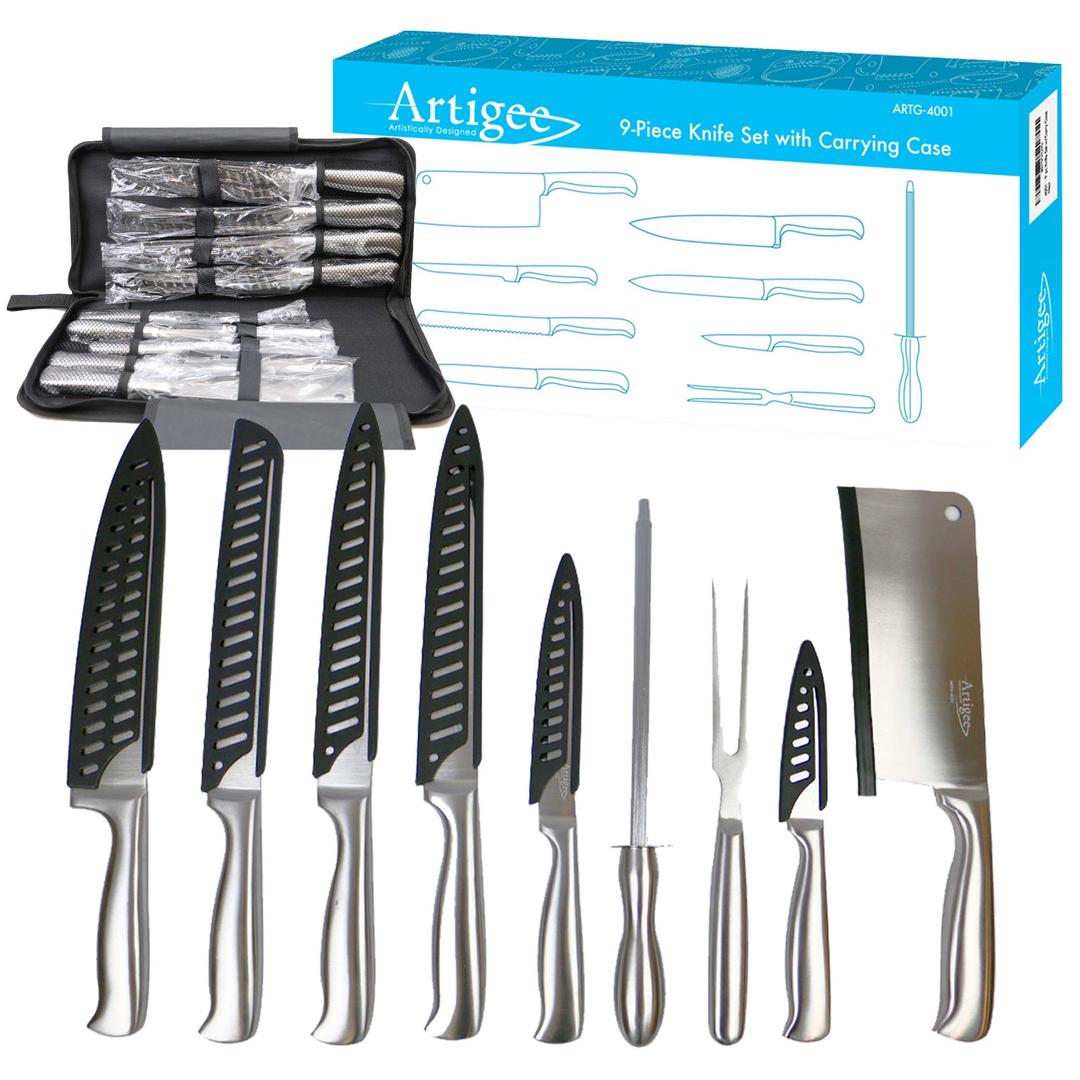 9-Piece Pro Kitchen Knife Set with Blade Guards & Zip Up Carry Case - Full Tang Stainless Steel Chef's Knife, Bread, Boning, Pairing, Utility Knives, Carving Fork, Meat Cleaver & Sharpener