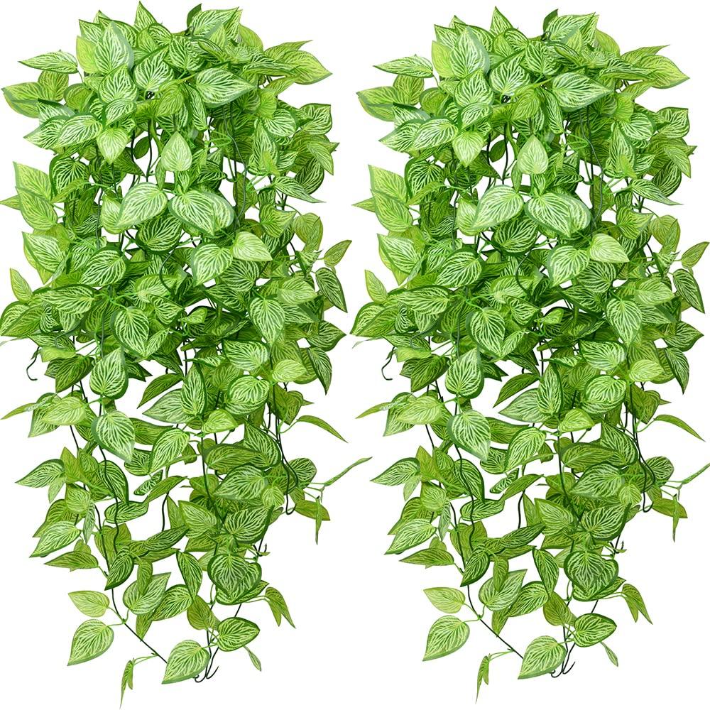 HANDIC Artificial Hanging Plants 2pcs Fake Hanging Plant Faux Hanging Plant Artificial Plants Outdoor UV Resistant Plastic Plants (Green)