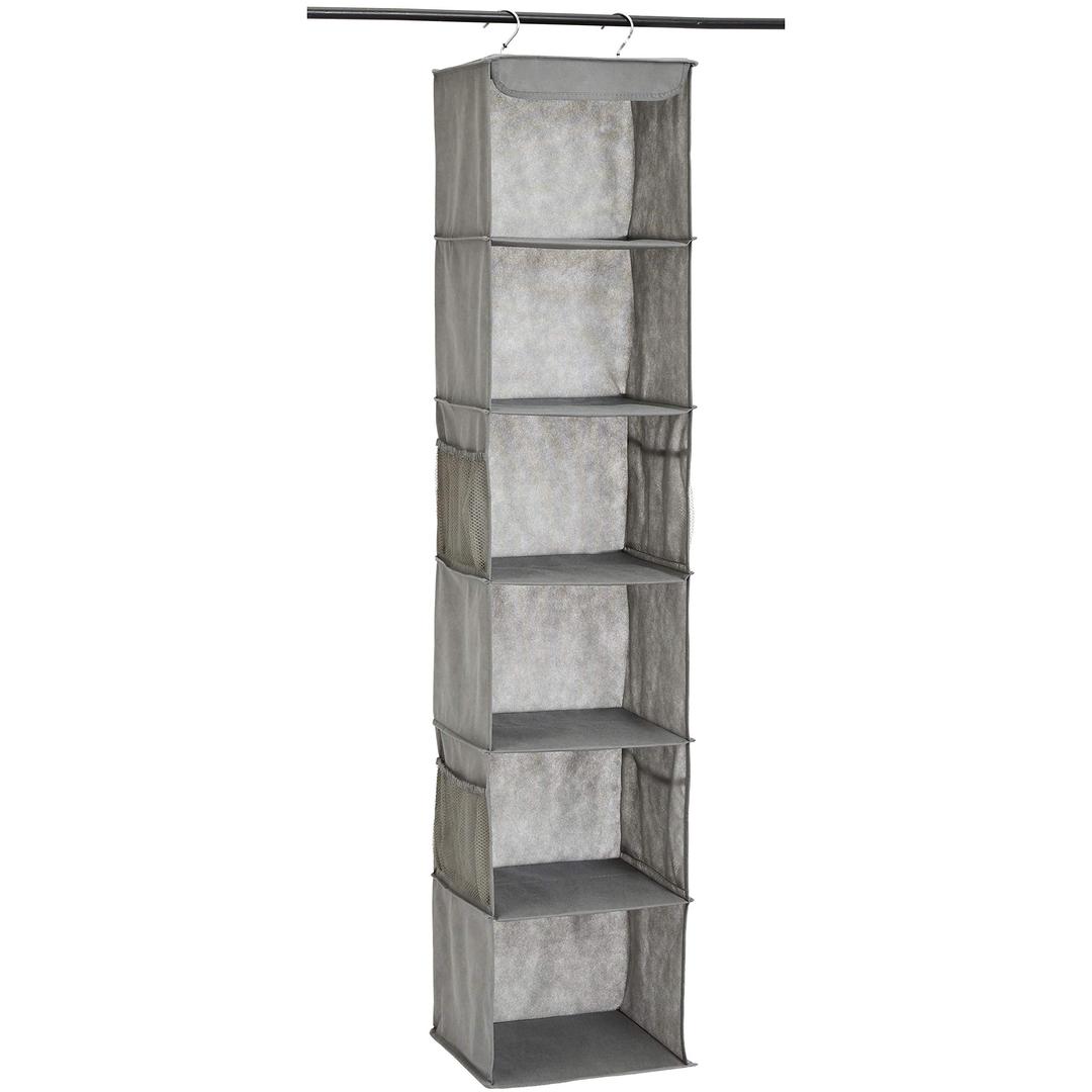 Amazon Basics 6-Tier Hanging Closet Shelf Organizer With Pockets, 8.5" D x 12" W x 9" H, Grey