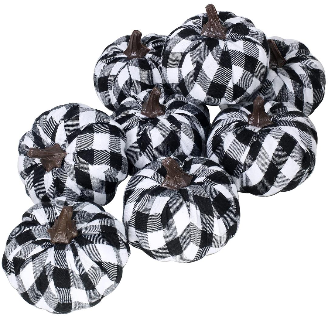 BESTTOYHOME Set of 8 Small Faux Autumn Decorative Fabric Pumpkins Foam Pumpkins in Black & White Buffalo Check for Rustic Farmhouse Fall Halloween Thanksgiving Harvest Table Mantel Kitchen Decor