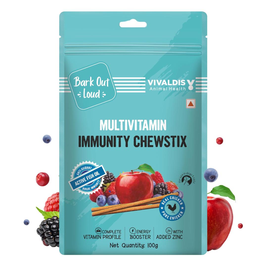 BARK OUT LOUD - Multivitamin Immunity Chewstix, Fresh Chicken Dog Treats, Boost Health & Vitality with Omega & Zinc for Treats Dogs & Cats of All Life Stages - 100g (1-Pack)