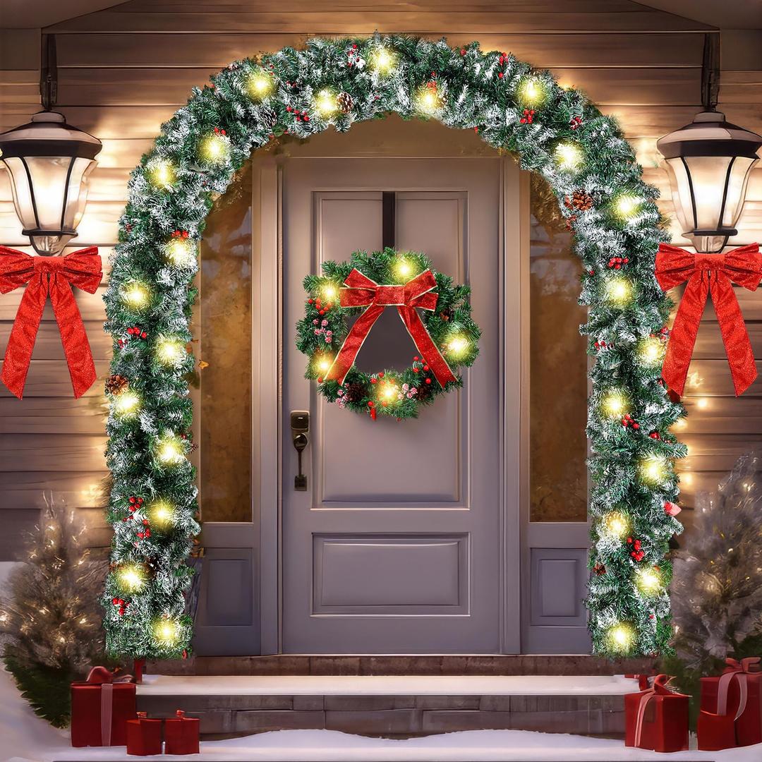 5 Pcs Front Door Christmas Decorations 21.3ft Lighted Christmas Garland 17.7inch Lighted Christmas Wreath and 2 Pcs 17.7inch Lighted Ribbon Bow for Light up Christmas Outdoor Decor (Pine Cones)