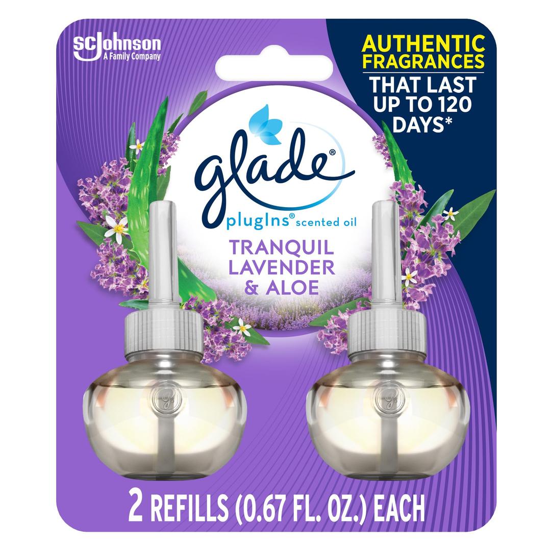 Glade PlugIns Refills Air Freshener, Scented and Essential Oils for Home and Bathroom, Tranquil Lavender & Aloe, 1.34 Fl Oz, 2 Count