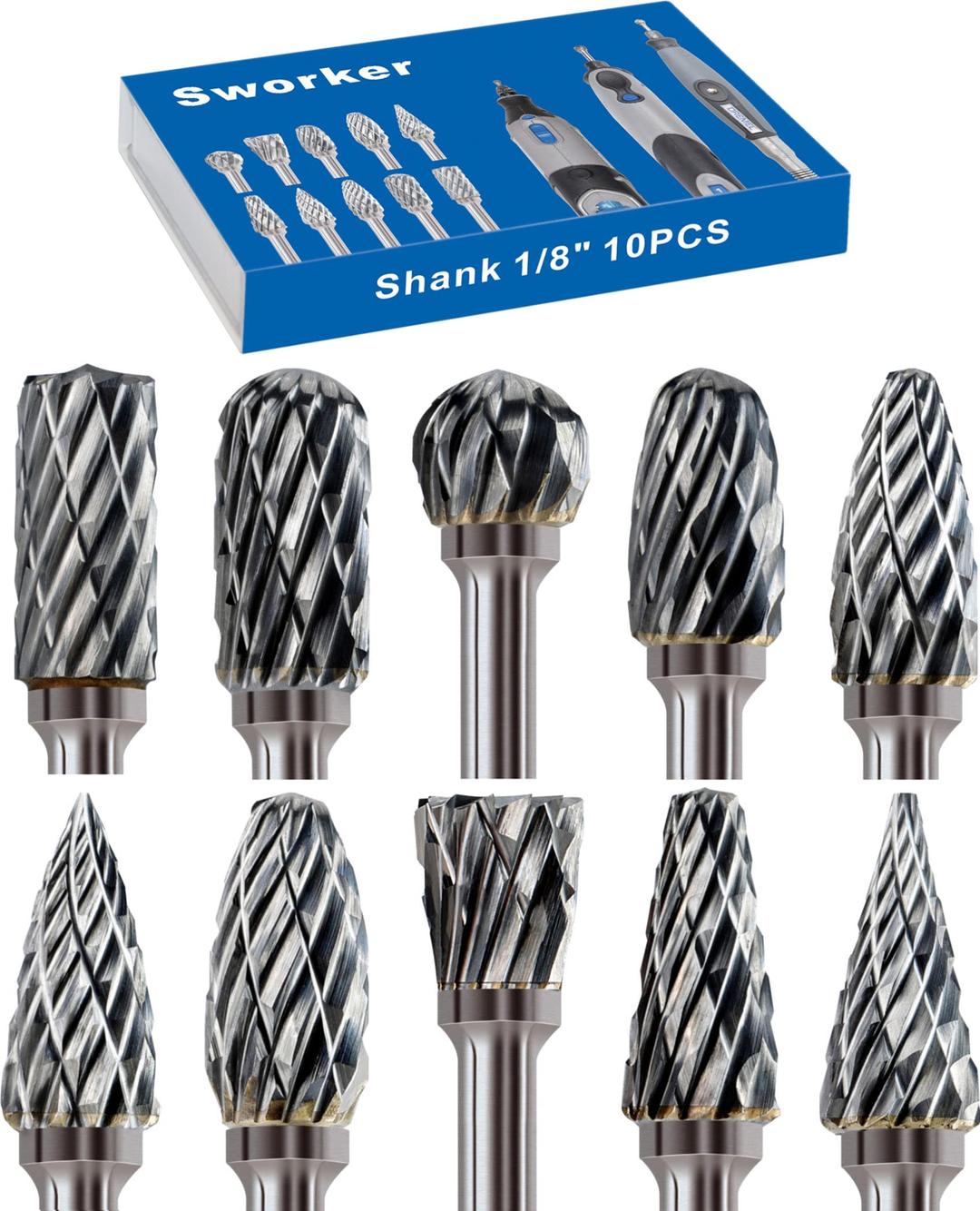 10Pcs 1/8" Shank Carbide Burr Bits Compatible with Dremel Bits Metal Grinding Bits Wood Stone Carving Cutting Engraving Grinder Kit Attachment Rotary Tool Accessories Set Harder Than Diamond