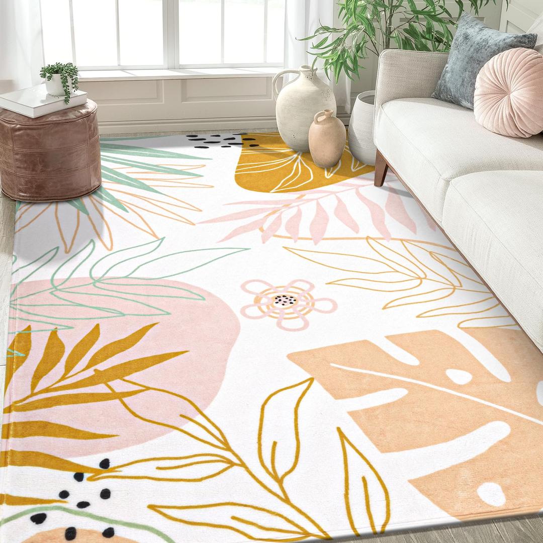 Washable Area Rug 5x7 Non-Slip Pink Boho Rug for Bedroom Cute Soft Throw Kids Nursery Rug, Low Pile Abstract Plant Print Soft Floor Carpet for Bedroom Nursery Classroom Living Room