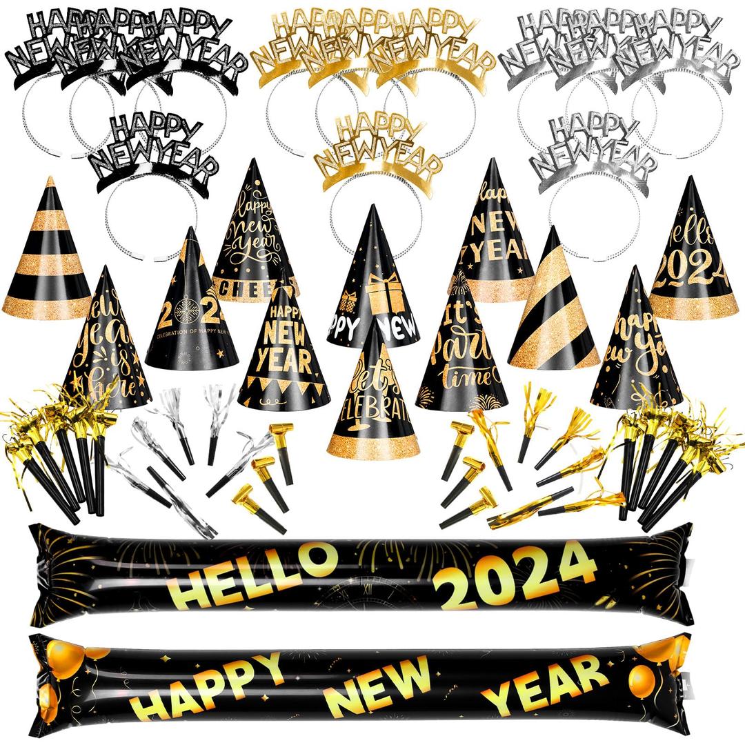 64PCS New Years Eve Party Supplies 2024 for 24, New Year Eve Supplies Favors with New Year Headband New Year Top Hats Noisemaker Black Balloons for New Year's Eve Party Decoration