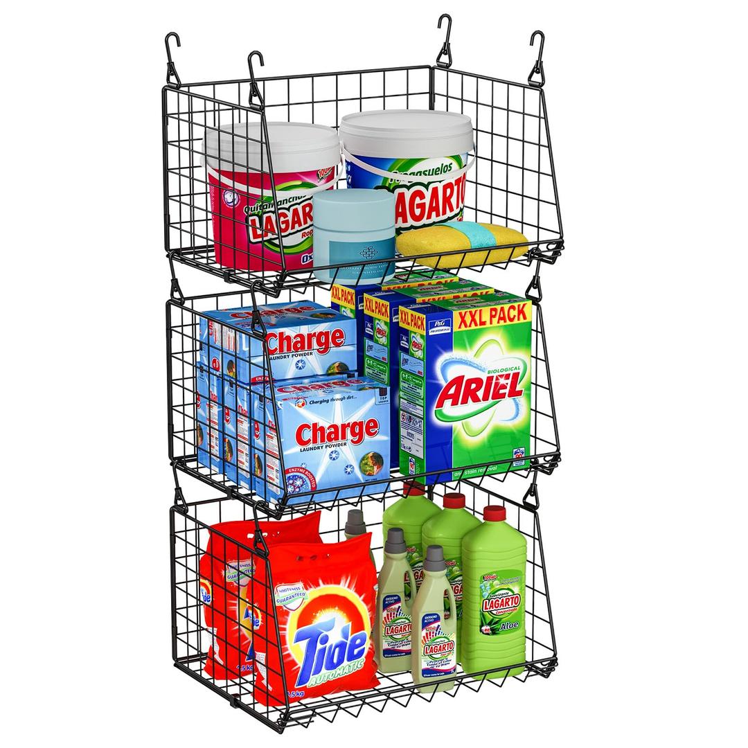 3-Tier Hanging Metal Laundry Basket：Foldable Laundry Room Organizer Wire Shelf Basket with 360°Rotating Hooks Space Saving Over Washer and Dryer Shelves - Closet Storage in Laundry Room Organizaton