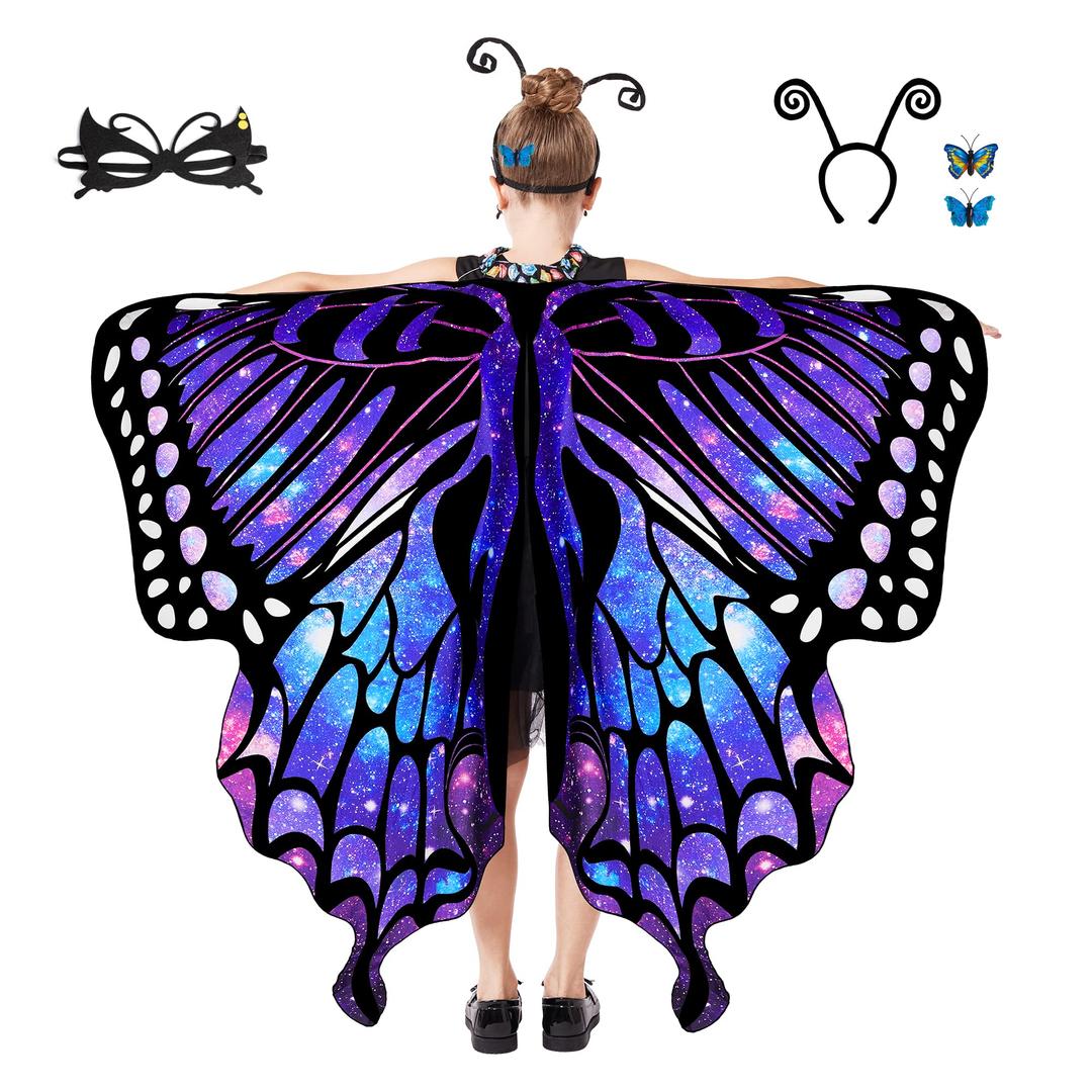 Tibeha Halloween Butterfly Wings for Girls - Kid Costume Cape with Mask, Antenna Headband, Hair Clips